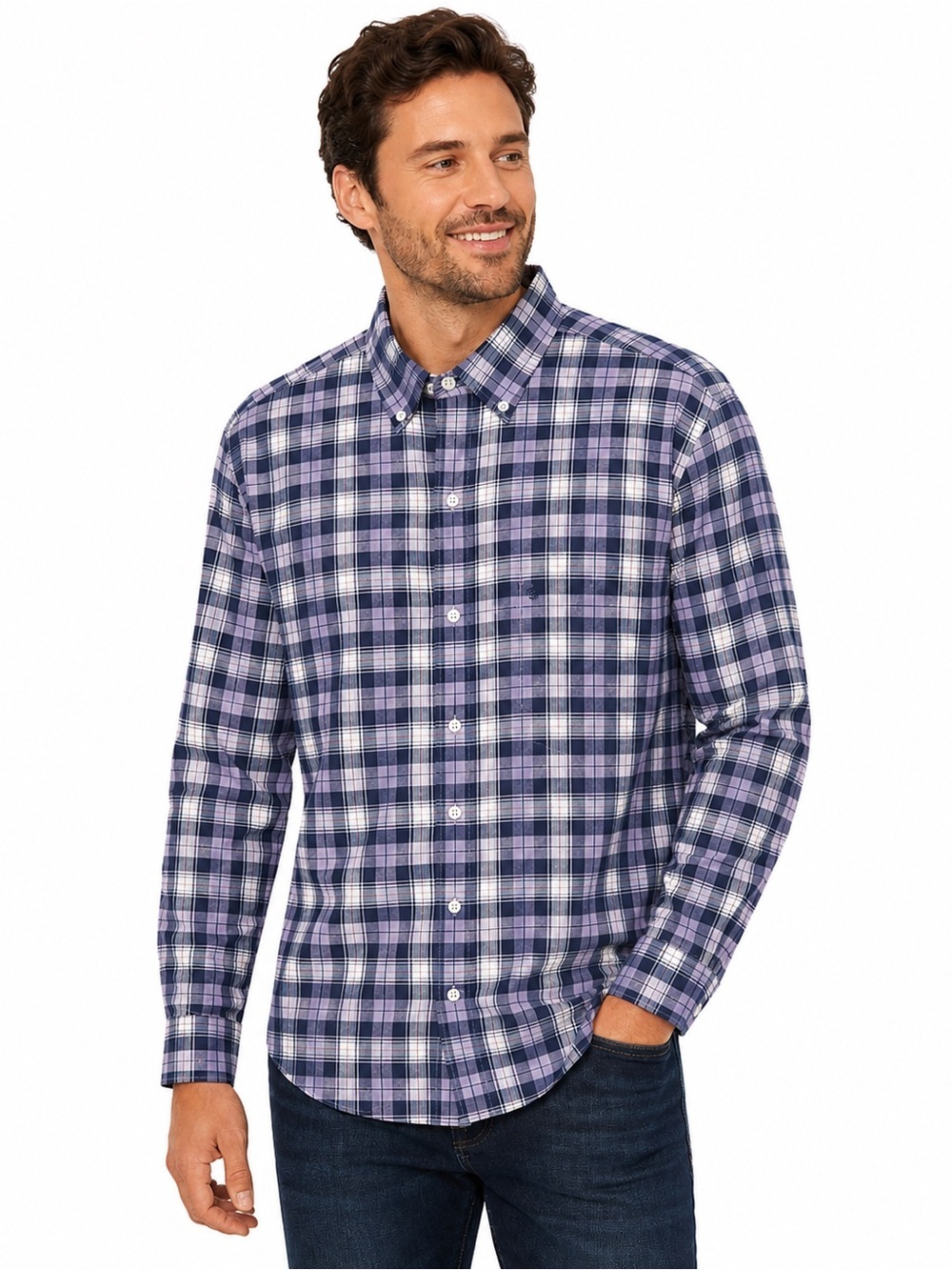 IZOD Saltwater Plaid Button Down Shirt Mens Medium Blue Purple Cotton NWT
